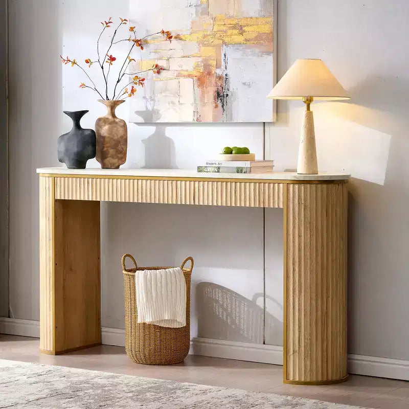 Mesa consola estriada con superficie de imitación mármol – Aliso oscuro / Nogal oscuro / Roble natural / Aliso blanco, requiere montaje de 2 personas