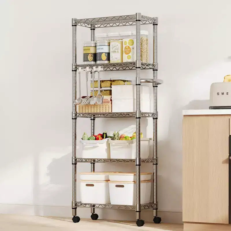 61H 5-Tier Heavy Duty Metal Wire Shelves, 1100 LBS Capacity with Lockable Wheels, Rolling Storage Rack for Kitchen, Garage & Bedroom