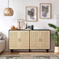 JVNOXK 62.20-inch Modern Four-Door Rattan Decorative Storage Cabinet, Suitable for Bedrooms and Living Rooms, with Adjustable Shelves, Black