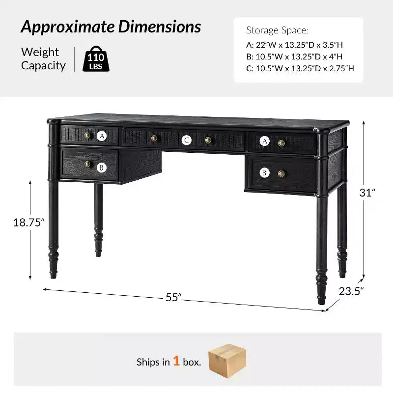 Escritorio de 1 persona de madera negra de 55" con 5 cajones