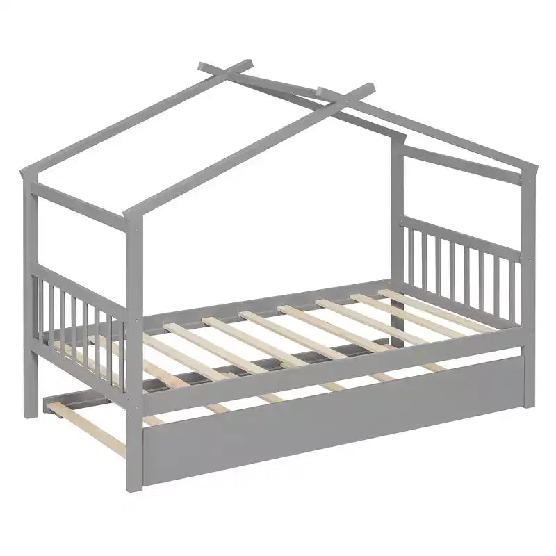 Cama nido doble estilo casa gris/natural/nogal/blanco para niños (para 1 o 2 personas)