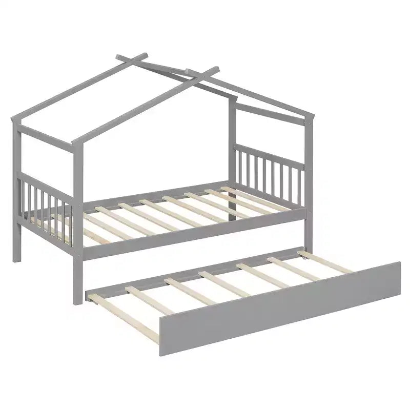 Cama nido doble estilo casa gris/natural/nogal/blanco para niños (para 1 o 2 personas)