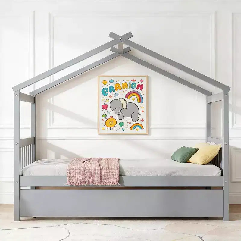 Luxystar Twin Size Wooden House Bed with Trundle for Kids' Room