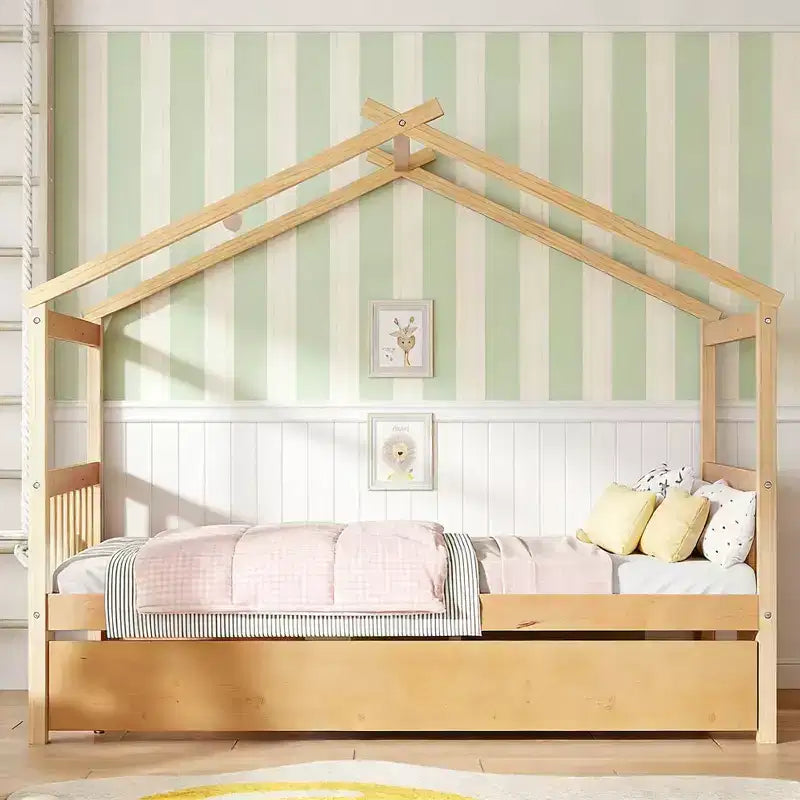 Cama nido doble estilo casa gris/natural/nogal/blanco para niños (para 1 o 2 personas)