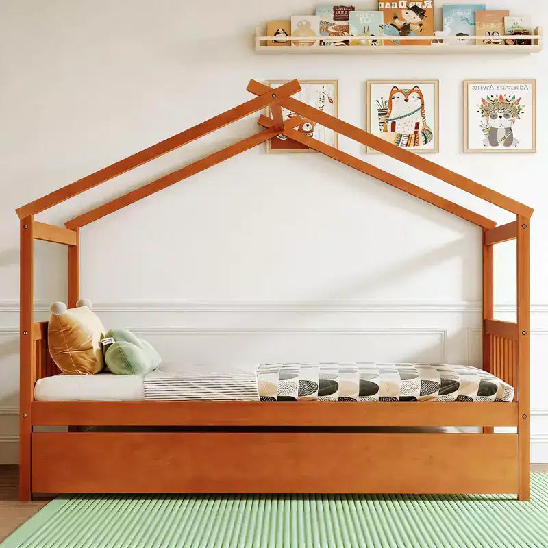 Cama nido doble estilo casa gris/natural/nogal/blanco para niños (para 1 o 2 personas)