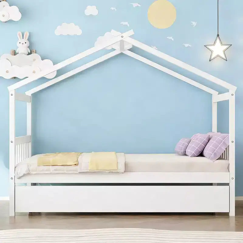 Cama nido doble estilo casa gris/natural/nogal/blanco para niños (para 1 o 2 personas)