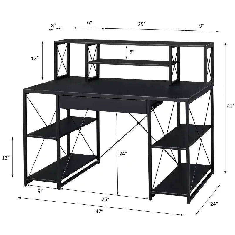 Escritorio tipo estudio, negro, individual, con 1 cajón y 8 compartimentos abiertos