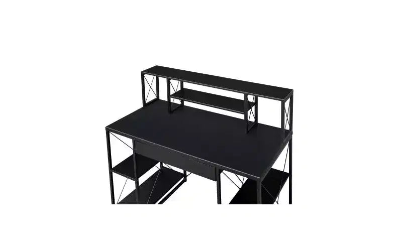 Escritorio tipo estudio, negro, individual, con 1 cajón y 8 compartimentos abiertos