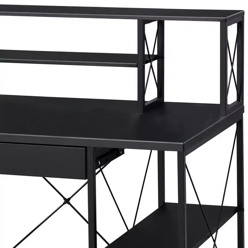 Escritorio tipo estudio, negro, individual, con 1 cajón y 8 compartimentos abiertos