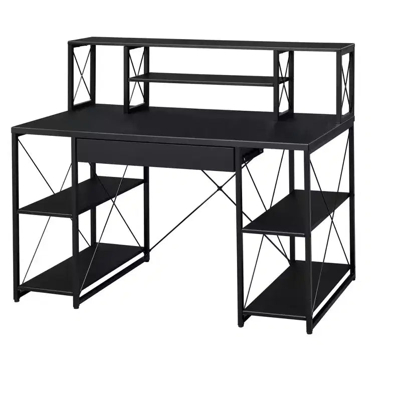 Escritorio tipo estudio, negro, individual, con 1 cajón y 8 compartimentos abiertos
