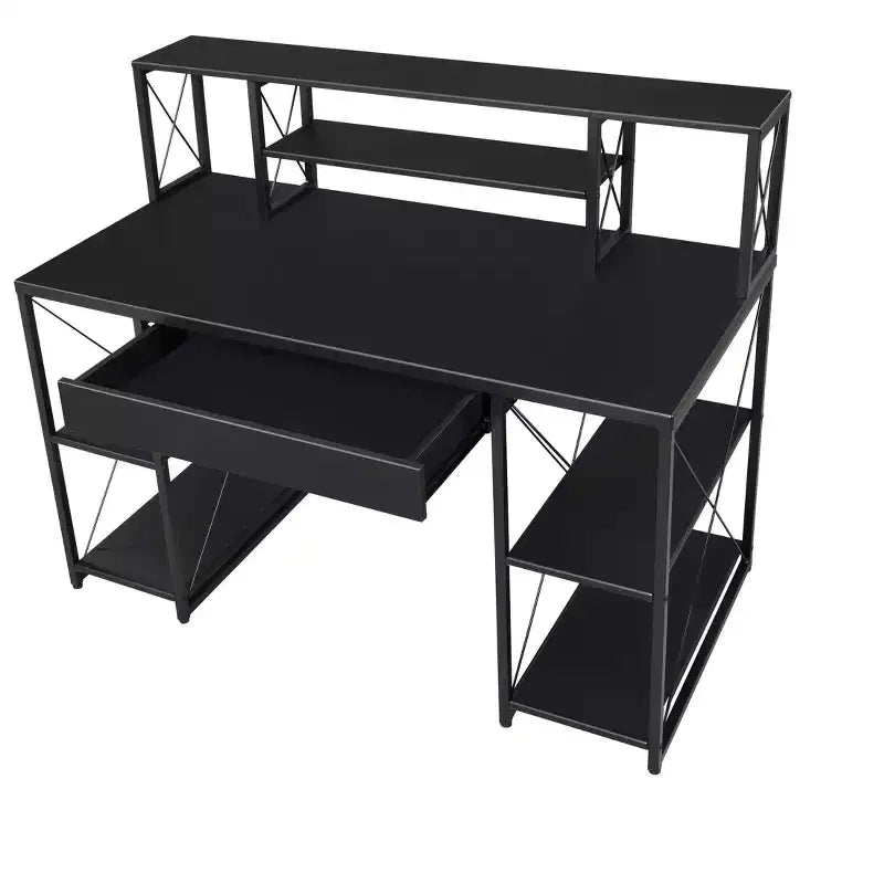 Escritorio tipo estudio, negro, individual, con 1 cajón y 8 compartimentos abiertos