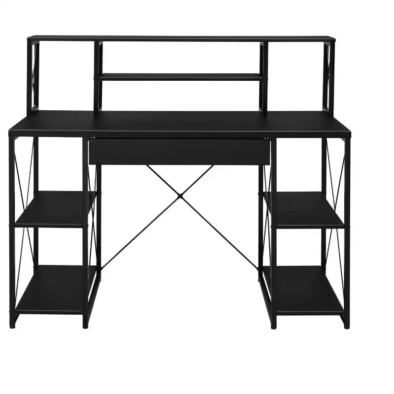 Escritorio tipo estudio, negro, individual, con 1 cajón y 8 compartimentos abiertos