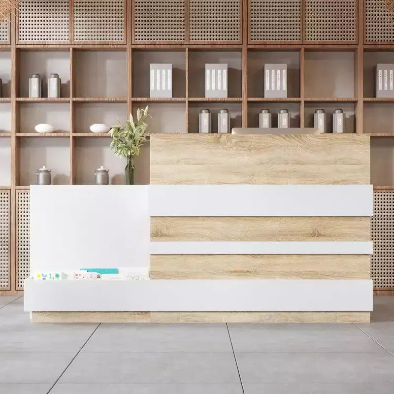 Hitow Modern Wood-Grain Cash Register & Reception Desk:Storage + Cable Management  Stylish Welcome Station