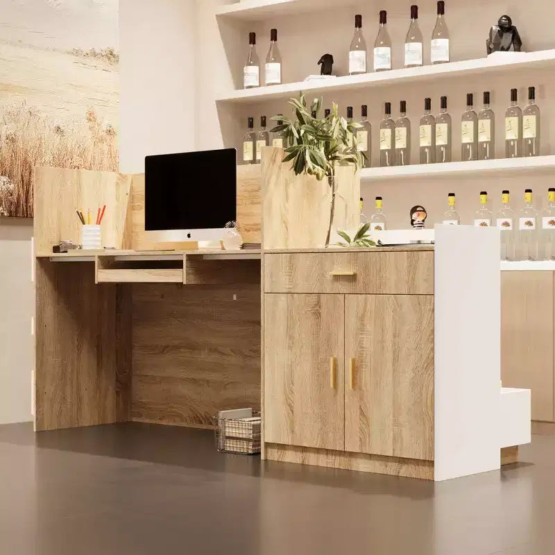 Roble claro y blanco, mostrador de recepción en forma de L, 1 persona