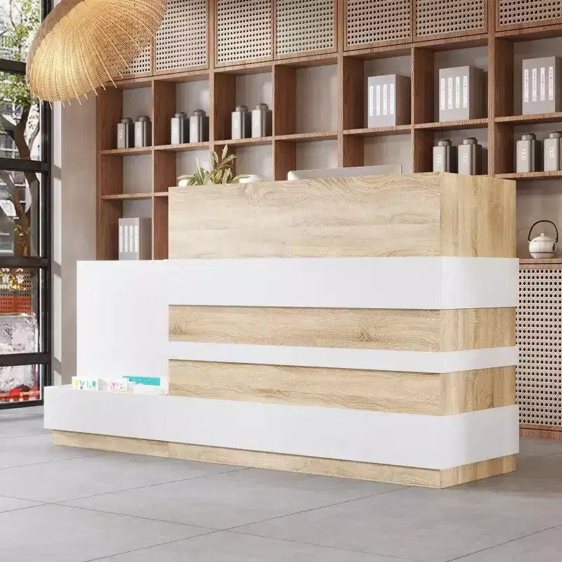 Roble claro y blanco, mostrador de recepción en forma de L, 1 persona