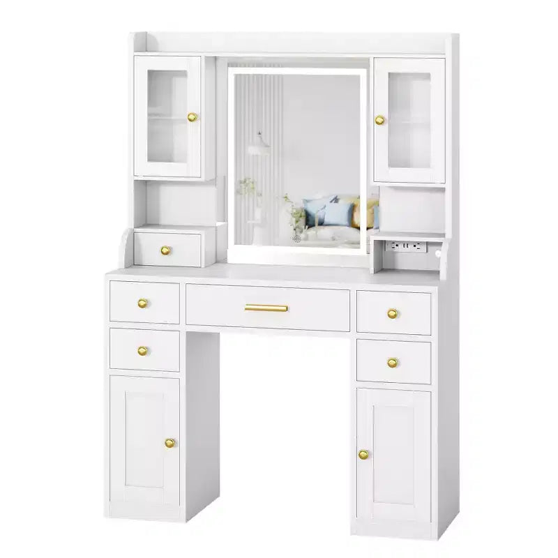 Tocador de maquillaje blanco y dorado con espejo LED, 3 modos de luz, 6 cajones – 1 persona