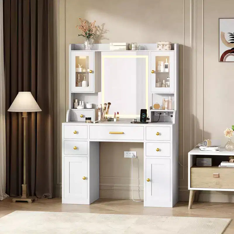 Tocador de maquillaje blanco y dorado con espejo LED, 3 modos de luz, 6 cajones – 1 persona