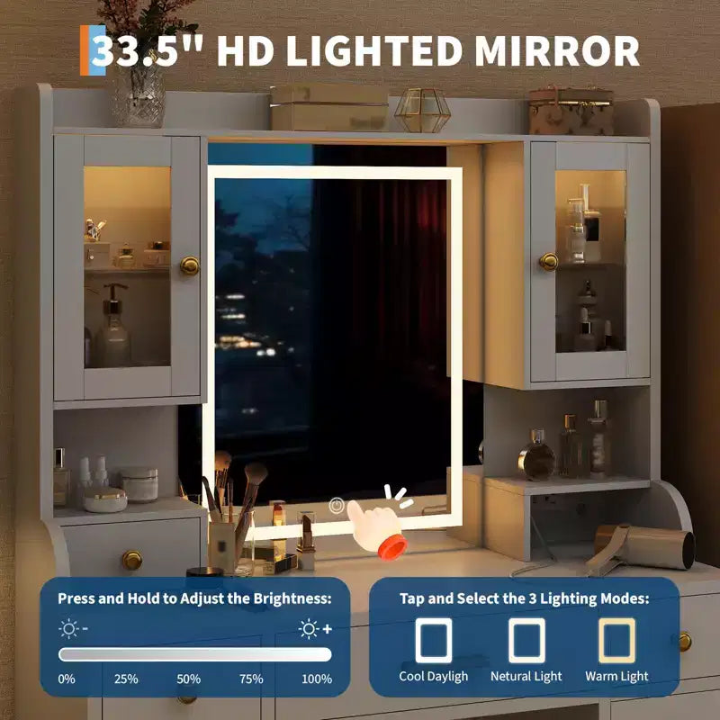 Tocador de maquillaje blanco y dorado con espejo LED, 3 modos de luz, 6 cajones – 1 persona