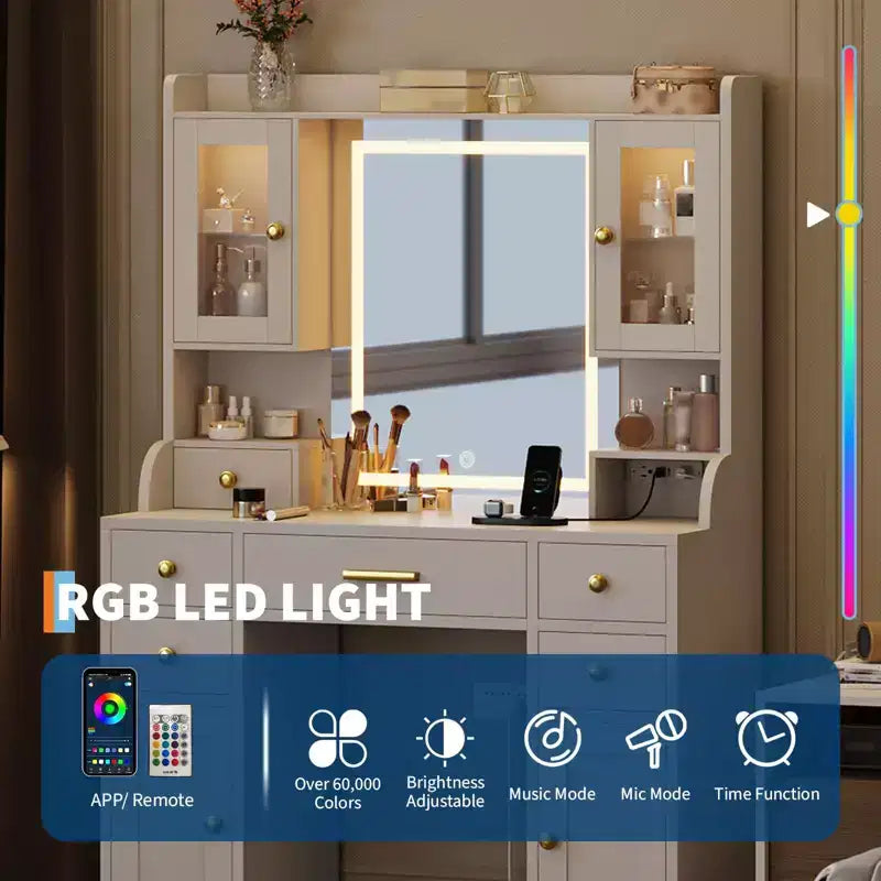 Tocador de maquillaje blanco y dorado con espejo LED, 3 modos de luz, 6 cajones – 1 persona