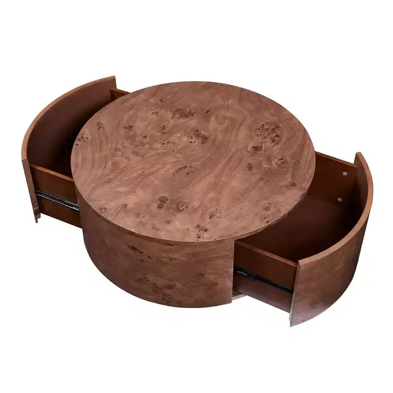 Mesa de centro redonda giratoria de nogal con tapa giratoria de 360° y 2 cajones