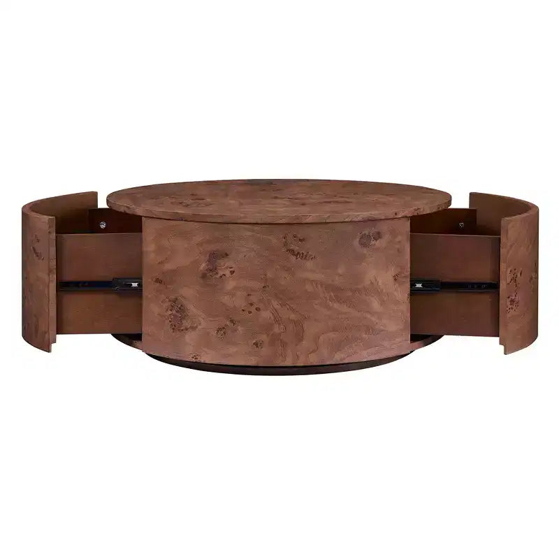 Mesa de centro redonda giratoria de nogal con tapa giratoria de 360° y 2 cajones