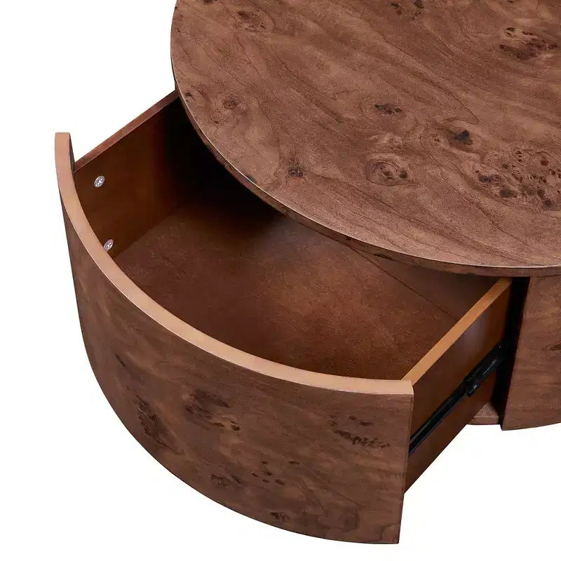 Mesa de centro redonda giratoria de nogal con tapa giratoria de 360° y 2 cajones