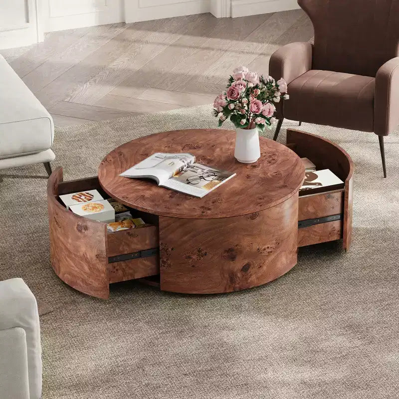 Mesa de centro redonda giratoria de nogal con tapa giratoria de 360° y 2 cajones