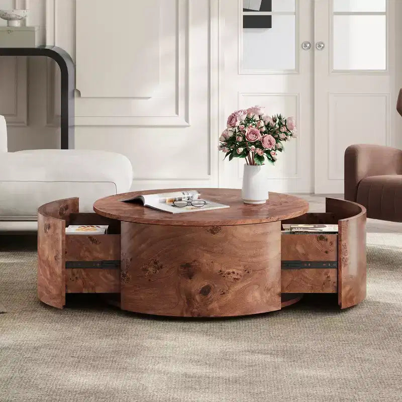 Mesa de centro redonda giratoria de nogal con tapa giratoria de 360° y 2 cajones