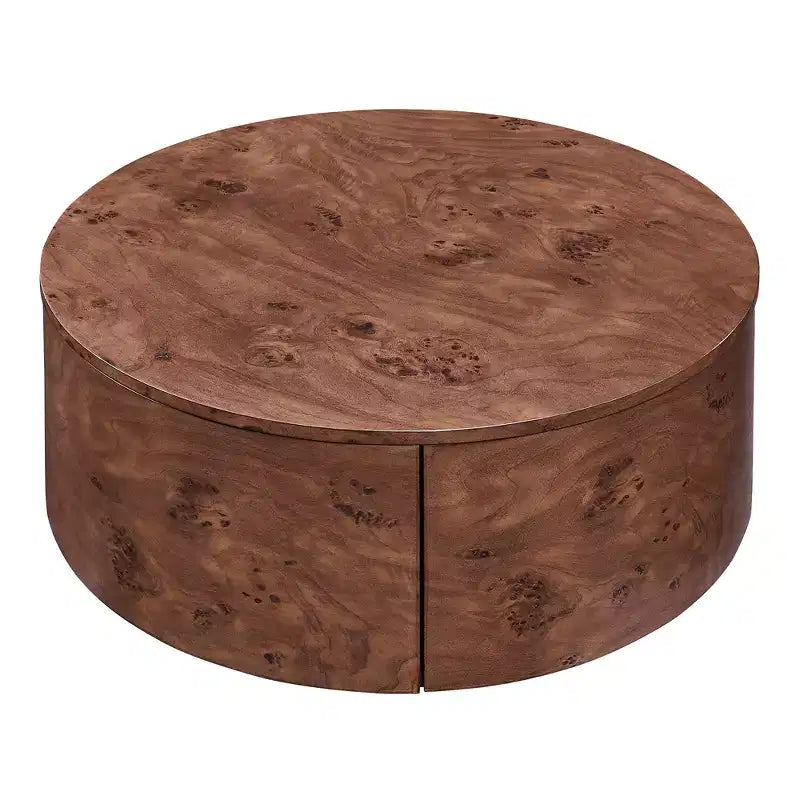 Mesa de centro redonda giratoria de nogal con tapa giratoria de 360° y 2 cajones
