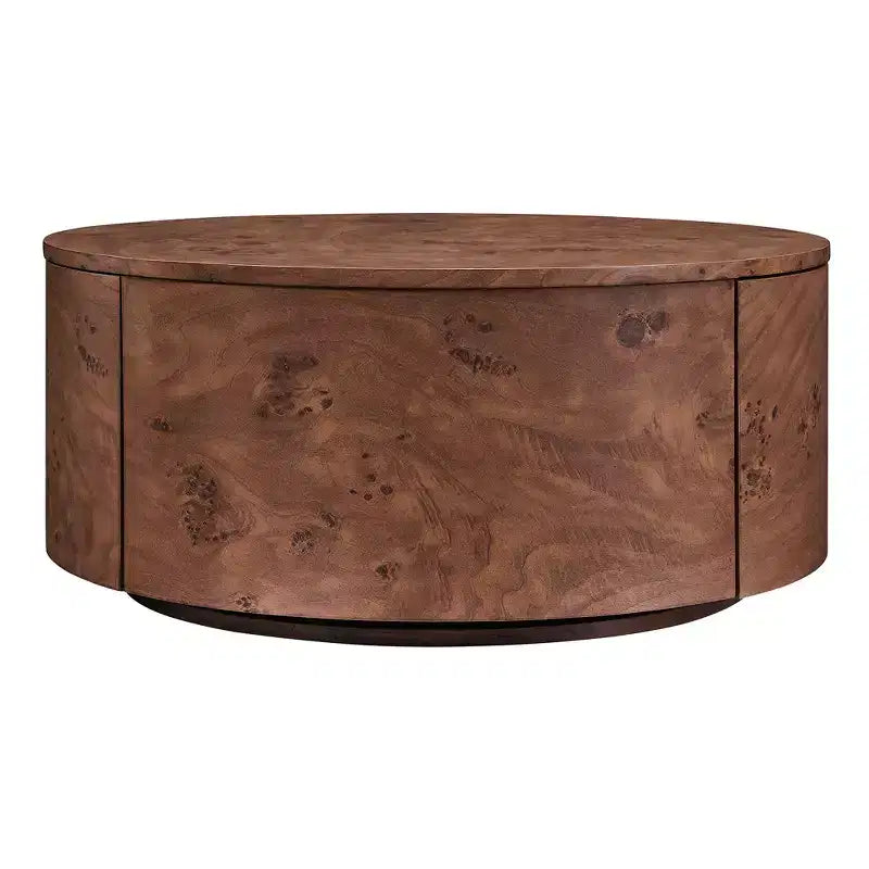 Mesa de centro redonda giratoria de nogal con tapa giratoria de 360° y 2 cajones