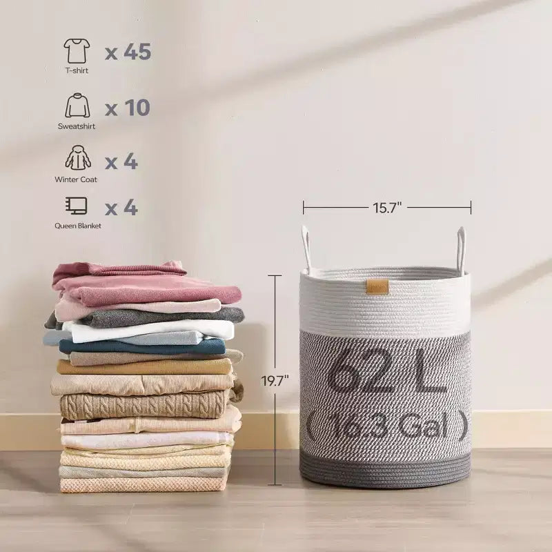 Cesto de ropa sucia de cuerda de algodón con bloques de color gris y blanco, para 1 persona, 62 L