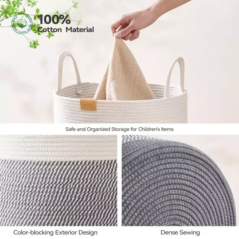 Cesto de ropa sucia de cuerda de algodón con bloques de color gris y blanco, para 1 persona, 62 L