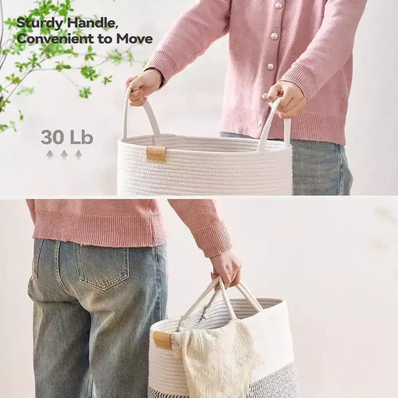 Cesto de ropa sucia de cuerda de algodón con bloques de color gris y blanco, para 1 persona, 62 L
