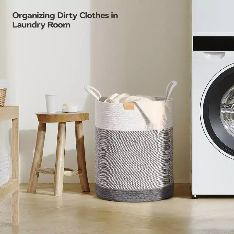 Cesto de ropa sucia de cuerda de algodón con bloques de color gris y blanco, para 1 persona, 62 L