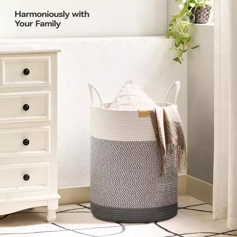 Cesto de ropa sucia de cuerda de algodón con bloques de color gris y blanco, para 1 persona, 62 L