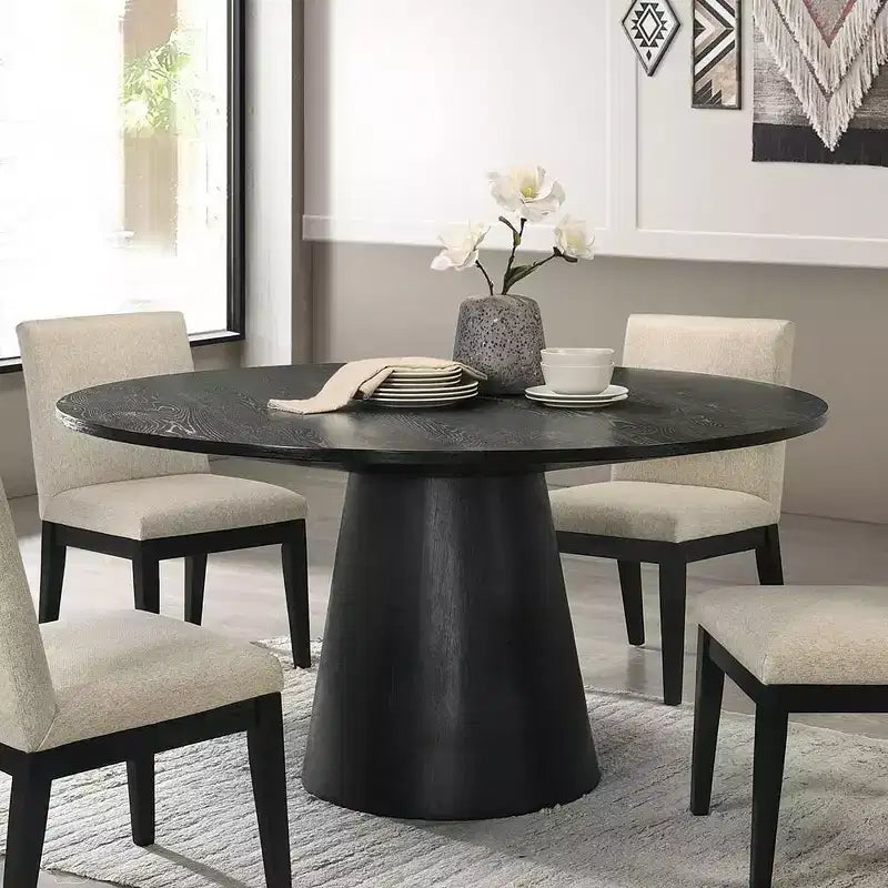 Mesa de comedor redonda con pedestal negra, para 4 personas