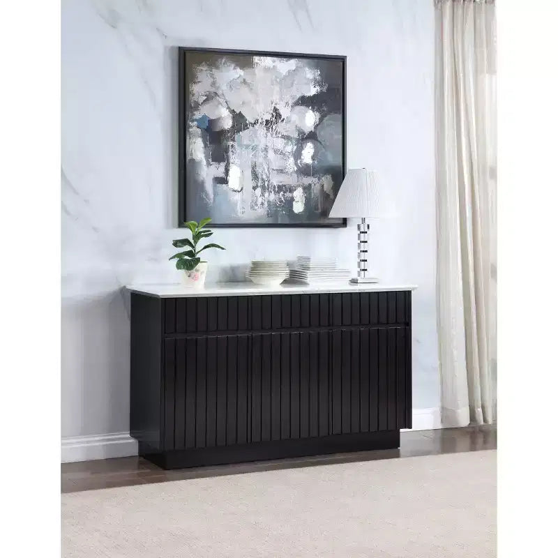 Aparador/bufé de 58" con superficie de mármol negro, 6 estantes y 3 cajones