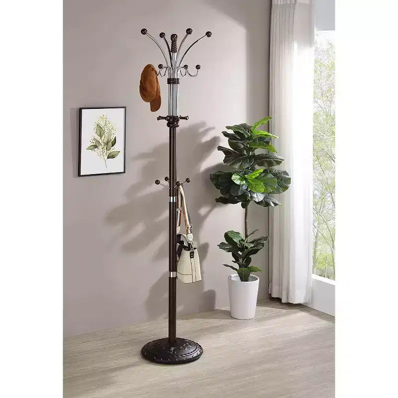 Perchero independiente espresso – 5 ganchos, madera y metal, individual