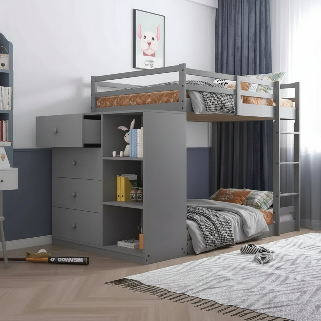 Litera doble/doble gris con almacenamiento y gabinete reversible, con capacidad para 2 personas