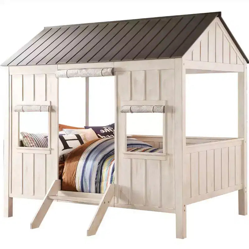 84" Full Bed Spring Cottage Bed Weathered White Washed Gray - Acme Furniture: Canvas Upholstery, Chrome Frame, Adjustable Size