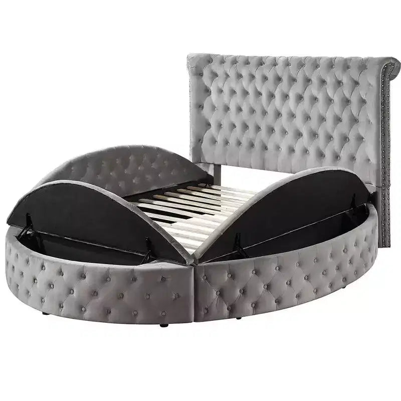 Cama Queen de Terciopelo Gris - Base de Plataforma Tapizada con Botones para 2