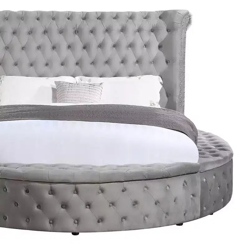 Cama Queen de Terciopelo Gris - Base de Plataforma Tapizada con Botones para 2