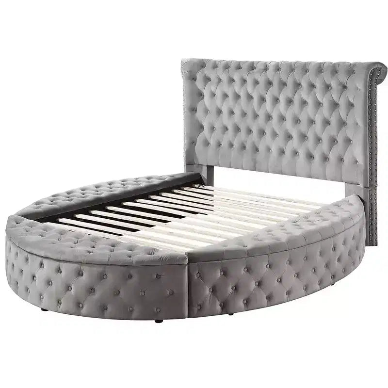 Cama Queen de Terciopelo Gris - Base de Plataforma Tapizada con Botones para 2