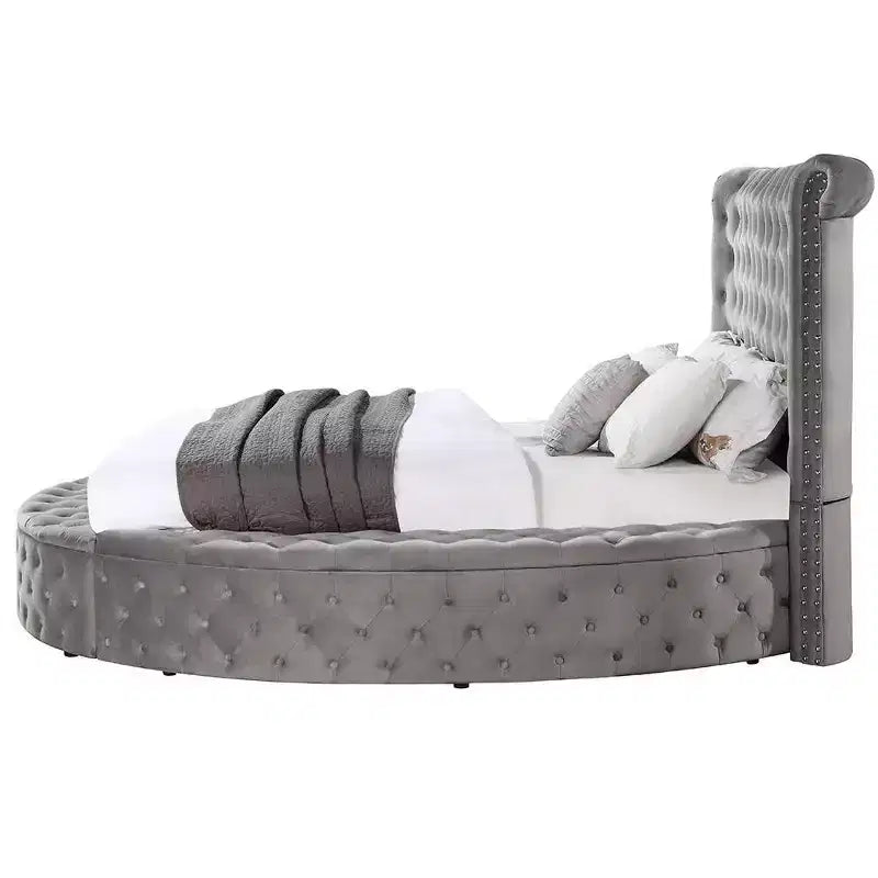Cama Queen de Terciopelo Gris - Base de Plataforma Tapizada con Botones para 2