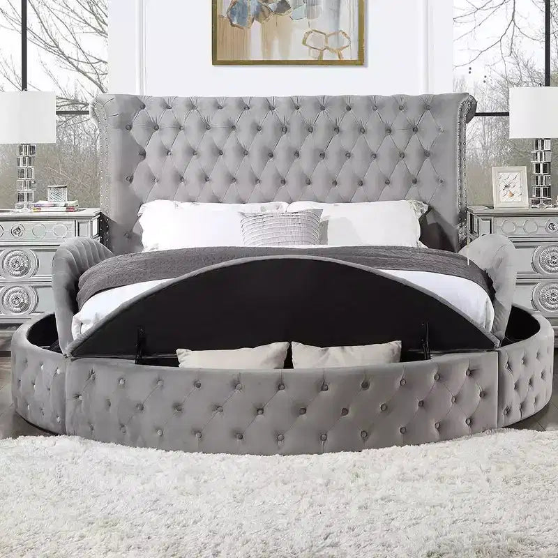 Cama Queen de Terciopelo Gris - Base de Plataforma Tapizada con Botones para 2