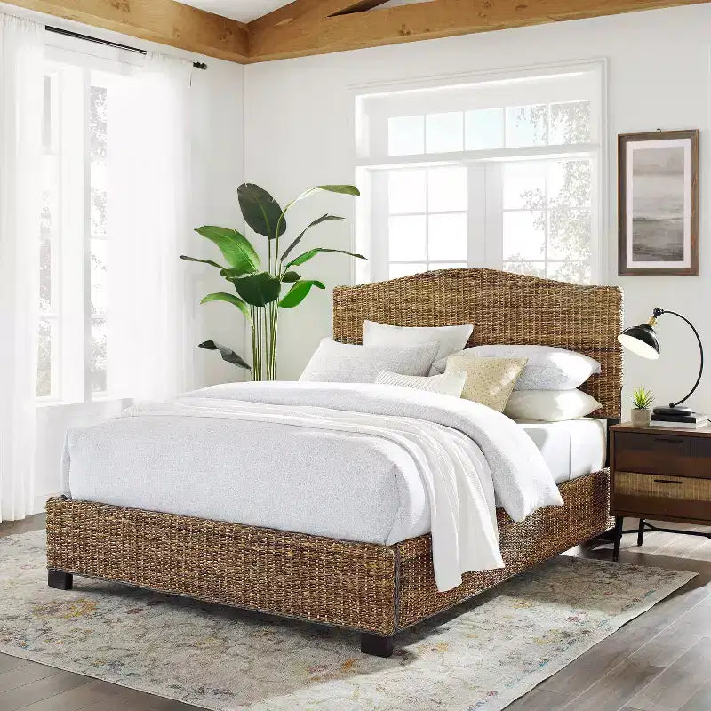 Cama King de hoja de plátano natural, acabado natural, 1 persona