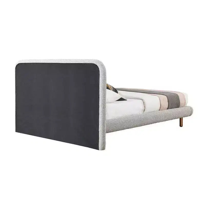 Cama tamaño King oriental de bouclé gris - Cabecero curvo, imitación de piel de oveja, para 1 persona