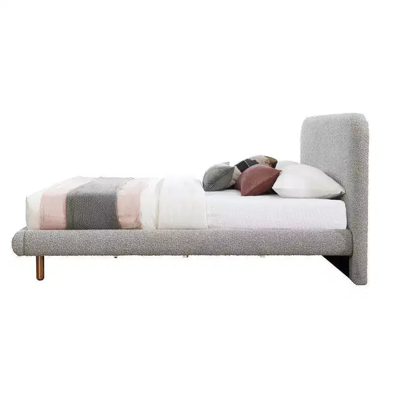 Cama tamaño King oriental de bouclé gris - Cabecero curvo, imitación de piel de oveja, para 1 persona
