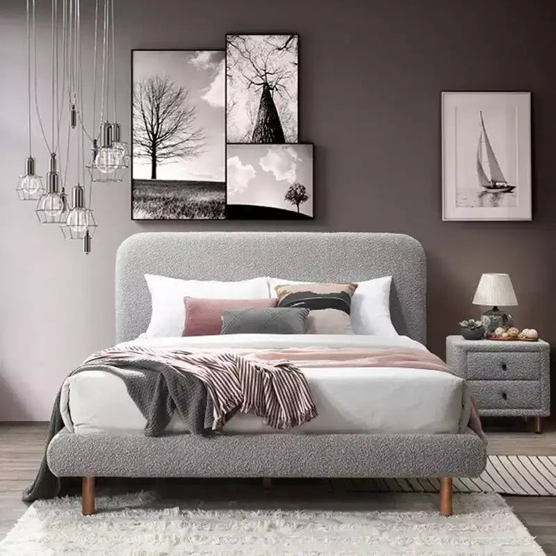 Cama tamaño King oriental de bouclé gris - Cabecero curvo, imitación de piel de oveja, para 1 persona