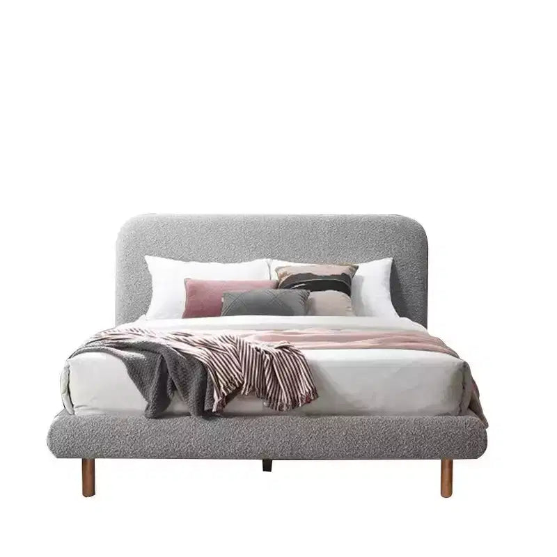 Cama tamaño King oriental de bouclé gris - Cabecero curvo, imitación de piel de oveja, para 1 persona